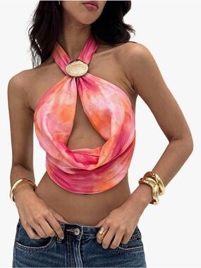 SHENHE Pink Cowl Neck Halter Top – Size S